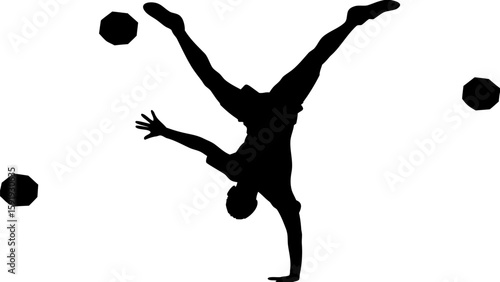 Silhouette of a person doing a handstand juggling multiple objects in a black and white illustration