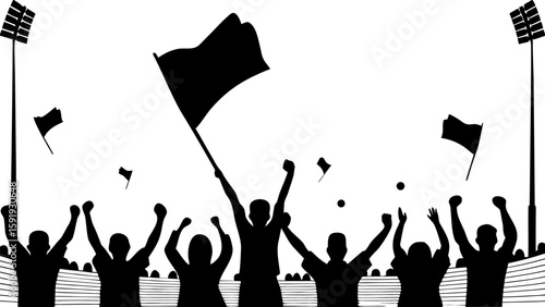 Silhouette of crowd cheering with flags under stadium lights in black and white illustration style