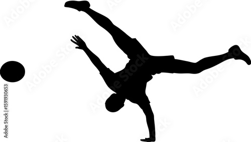 Silhouette of a man doing a handstand with one hand while playing with a ball in the air nearby