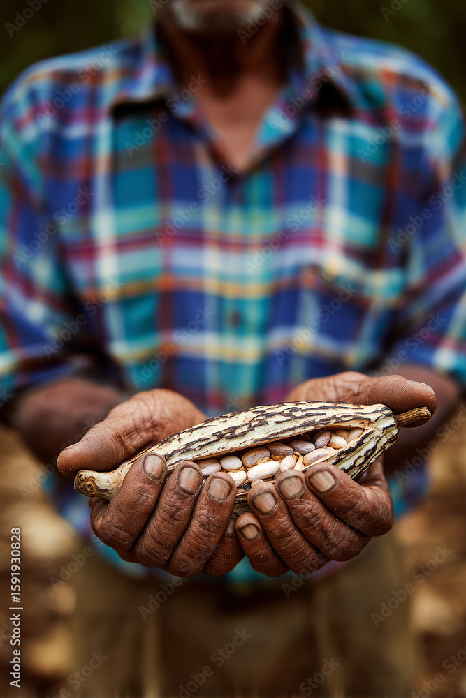 Fototapeta premium Farmer's hands holding fresh cacao beans from opened cocoa pod. Raw chocolate seeds cupped in protective hands showcase sustainable agriculture and organic farming of premium cocoa harvest crop.