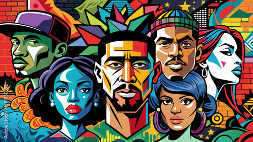 Colorful artistic portrait of diverse people with geometric and brick background design elements