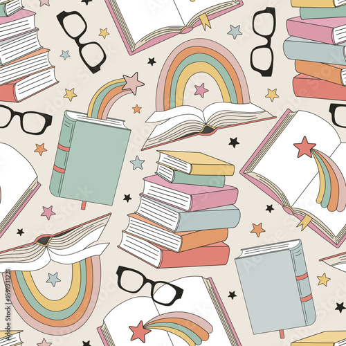 Retro books and glasses vector seamless pattern, Back to School print, Book lover club background, Reading fun aesthetics 