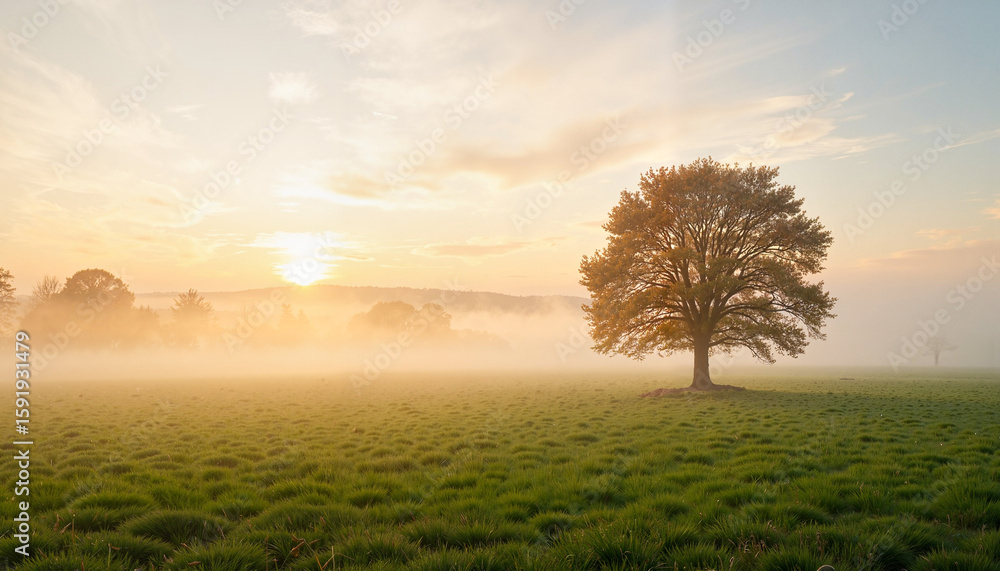 Fototapeta premium Tranquil lone tree at sunrise in misty countryside, autumn serenity