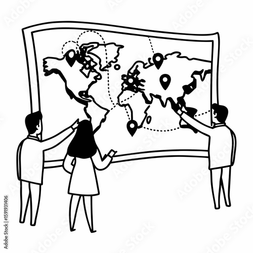 Line art of a business team pointing at a world map with pins and flight routes, symbolizing international growth, clean and professional outlines