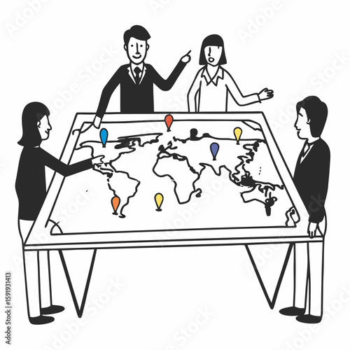 Line art of a business team pointing at a world map with pins and flight routes, symbolizing international growth, clean and professional outlines