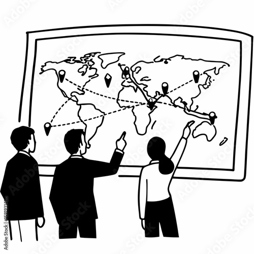 Line art of a business team pointing at a world map with pins and flight routes, symbolizing international growth, clean and professional outlines