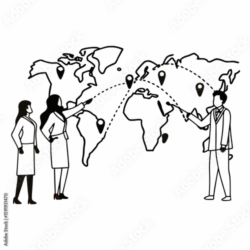 Line art of a business team pointing at a world map with pins and flight routes, symbolizing international growth, clean and professional outlines