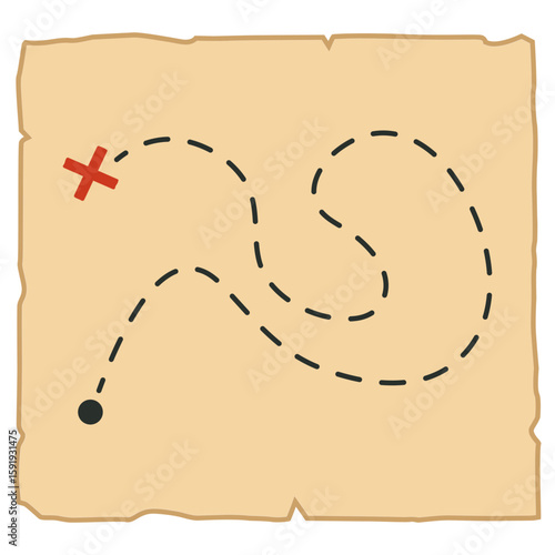 Vintage treasure map with red X marking the spot vector. Pirate adventure template for kids books, escape room designs and themed party decor or game assets