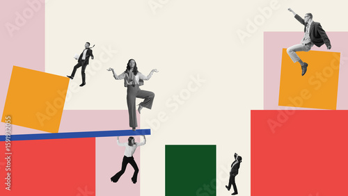 Cuadro en lienzo Surreal collage of office workers balancing on abstract shapes in business scene