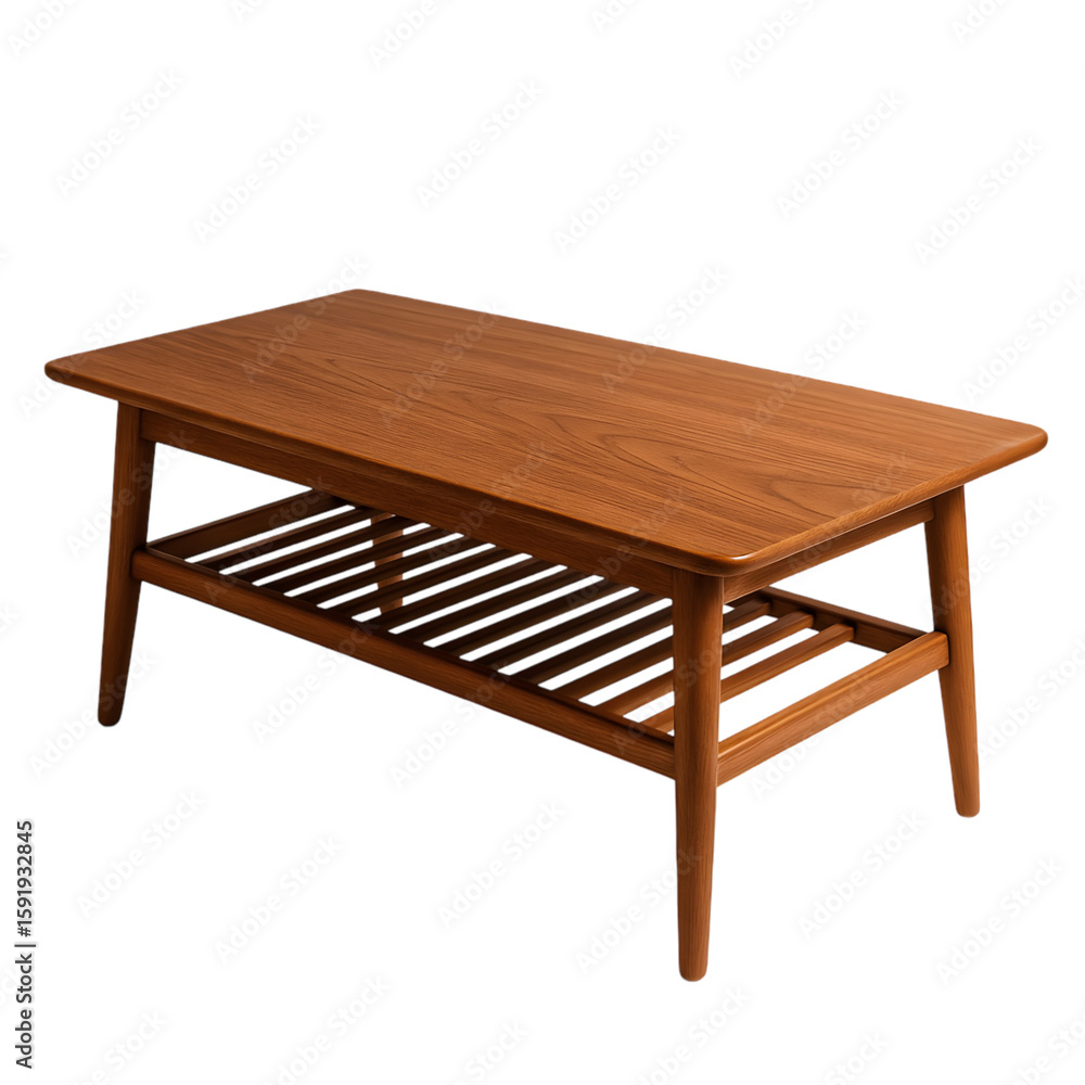 Fototapeta premium Elegant wooden coffee table with a slatted shelf, perfect for modern or vintage decor.