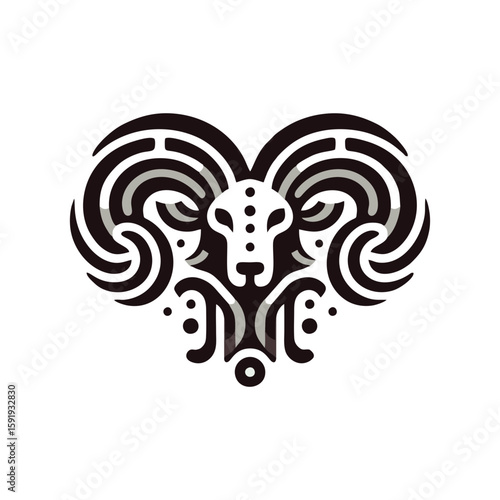 Abstract tribal ram head with curled horn motifs