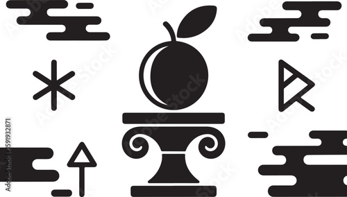 Minimalist Symbolic Design Featuring an Apple on a Pedestal with Geometric Elements
