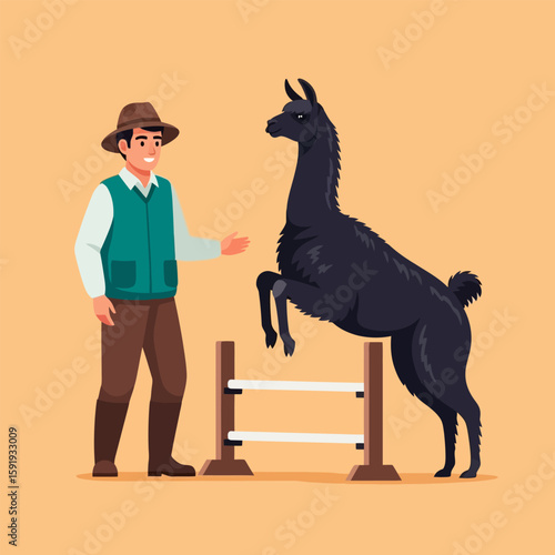 Black Llama Jumping Over Fence with Man in Hat on Tan Background