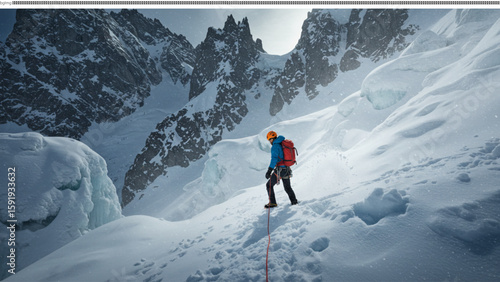 Mountain Climber Ascending Snowy Peak with Majestic Mountain Range Backdrop A Scene of Adventure and Resilience