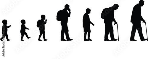 Human Life Stages Silhouette: Evolution from Baby to Elderly Man, Depicting Growth, Aging, and Life Cycle Journey, Ideal for Generational and Developmental Concepts.