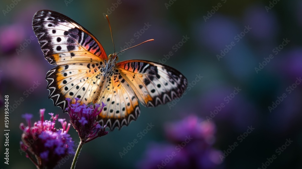Obraz premium A butterfly rests on purple flowers its wings displaying orange and black markings under a soft light