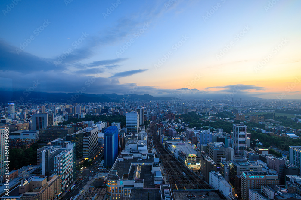 Obraz premium Sapporo City Skyline at Dawn with Distant Mountains, Hokkaido, Japan
