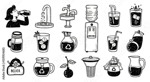 Hand drawn doodle drinking water related vector