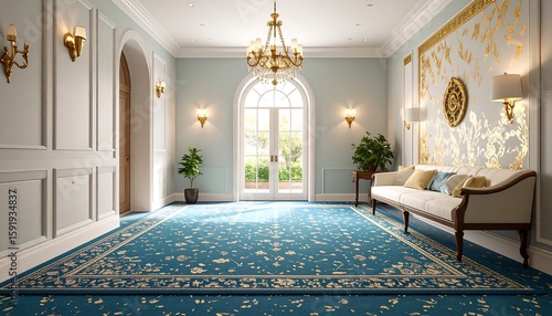Wallpaper Mural Elegant hallway with blue carpet and gold accents Torontodigital.ca