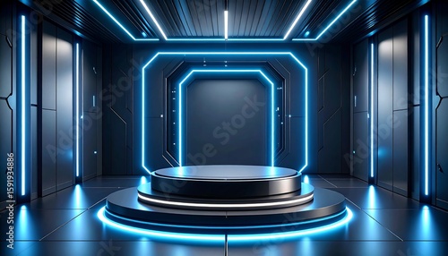 Futuristic, dark interior with a circular podium