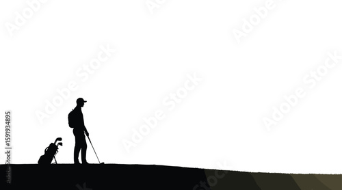 Golfer Silhouette on Green: Man with Golf Club and Bag on Course Horizon, Ideal for Sports, Leisure, Outdoor Recreation, and Golfing Lifestyle Concepts.