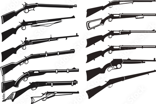 Black Line Gun Icons Set including Flat Firearm Pistol Rifle and Weapon Symbol Collection with Minimal Gun Icon Group for UI Web Security Military War Shooting and Defense Projects