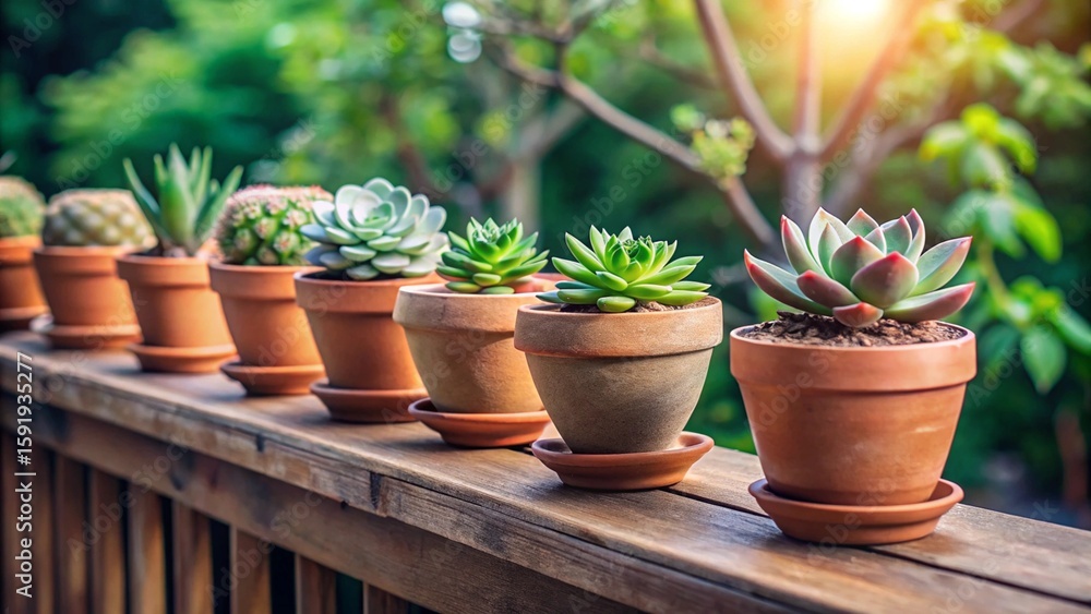 Row of various potted succulent plants lined up on a wooden deck railing with soft sunlight