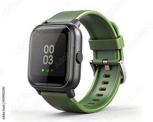 A modern green smartwatch with a black case and digital display is shown