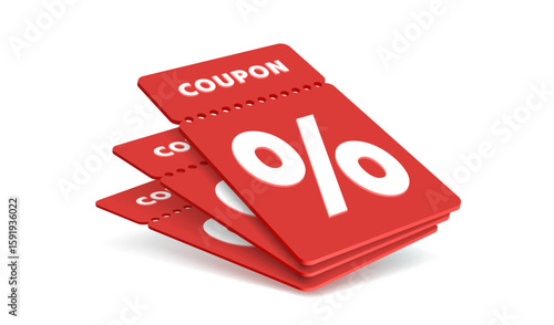 Red coupons with percentage fly away on white background. Vector illustration