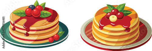 Pancakes with berries and syrup on top.