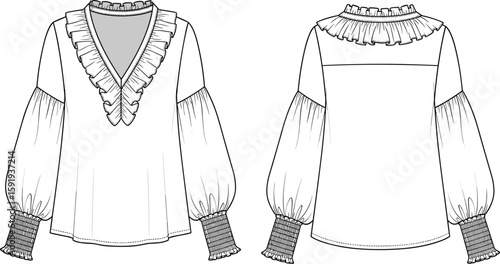 Voluminous blouse fashion sketch with ruffled neckline trim, gathered puffed sleeves, wide smocked cuffs, front and back view, elegant garment design, technical drawing template