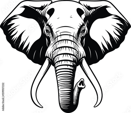 A striking black and white illustration features an elephant head with magnificent tusks and intricately detailed ears.