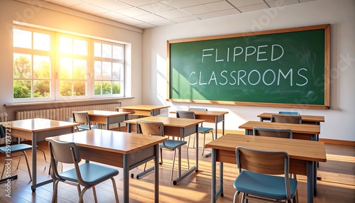 Wallpaper Mural Empty classroom, sunlight streams through window, chalkboard with "Flipped Classrooms" text Torontodigital.ca