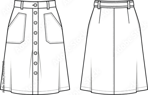 Flared skirt fashion sketch with button-down front, angled patch pockets, waistband with belt loops, striped pattern, technical garment drawing, back yoke view illustration