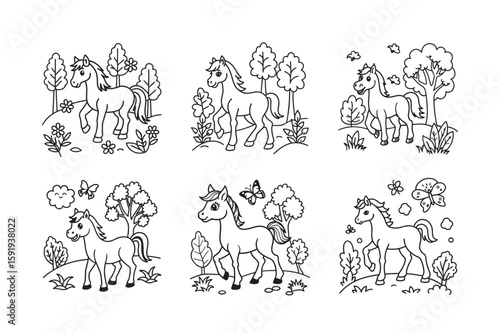 smiling horse strolling under leafy trees bundle kids for coloring page