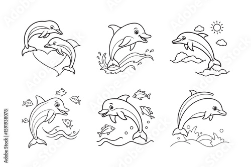 happy dolphin flying over water with small set bundle kids for coloring page