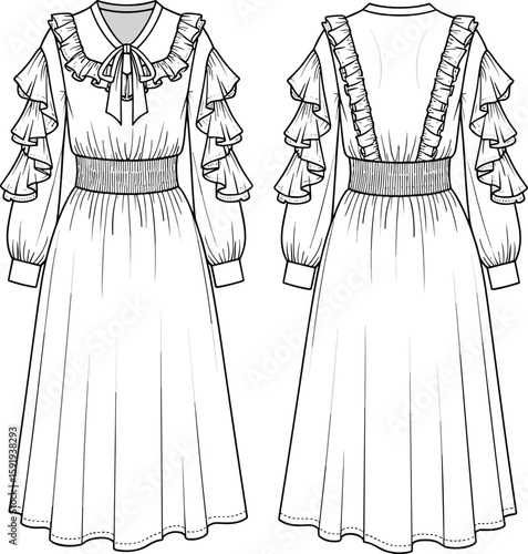 Elegant fashion dress sketch, ruffled sleeve detail, high neckline bow, long flowing skirt design, front and back view, apparel technical drawing template, garment illustration