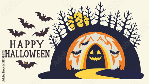 Happy halloween scene featuring bats, trees, a moon, and a spooky entrance with a path leading to it