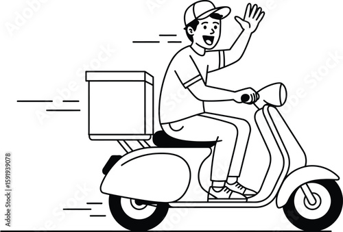 Delivery Person on Scooter with Package Waving Hand