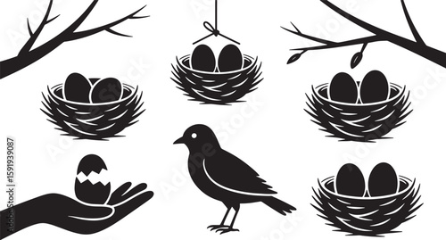 Silhouette Bird Nest Vector Set for Spring Designs and Nature-Themed Projects with Eggs and Branches