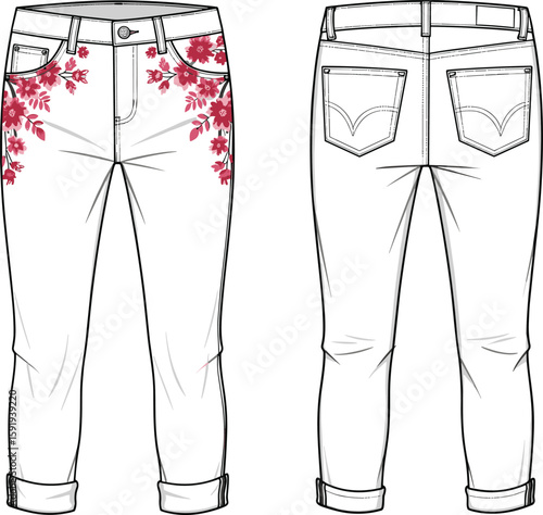 Women’s floral jeans sketch front and back views, red flower print on thigh and hip, cuffed hem, stitched pockets, technical fashion garment illustration