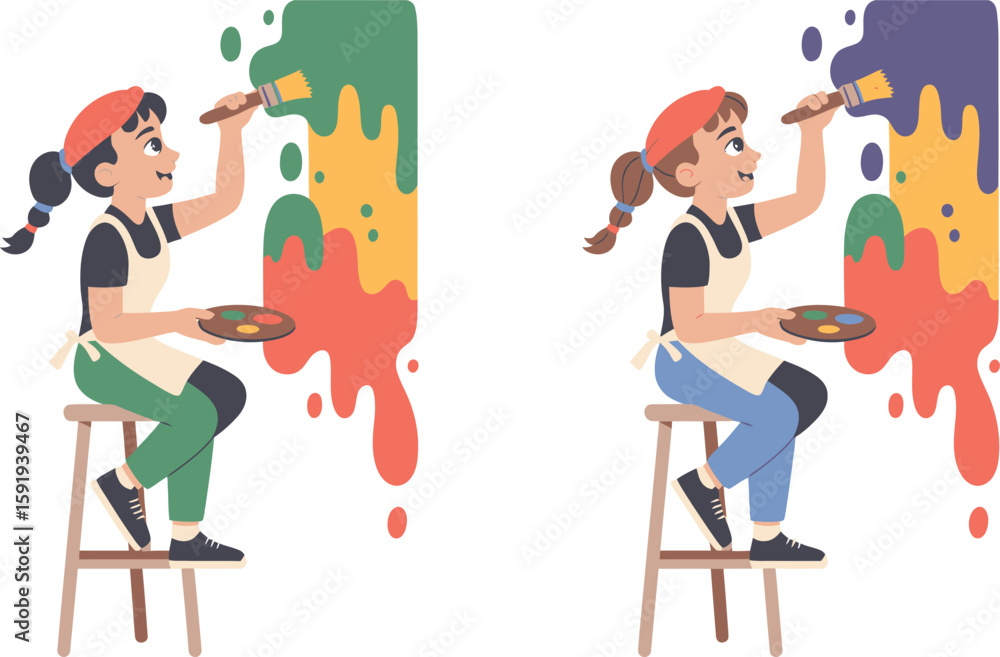 Fototapeta premium Young Artist Painting Colorful Abstract Shapes on a Wall