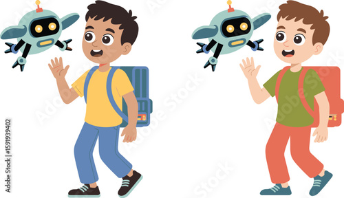 Two Boys with Backpacks and Flying Robots Waving on White Background