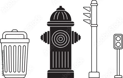 Urban Infrastructure Icons Vector Set: Trash Can, Fire Hydrant, Traffic Light, Pedestrian Crossing Signal