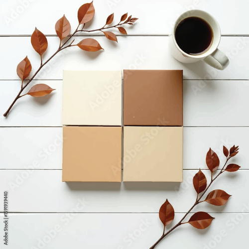 A flat lay composition on a white wooden surface