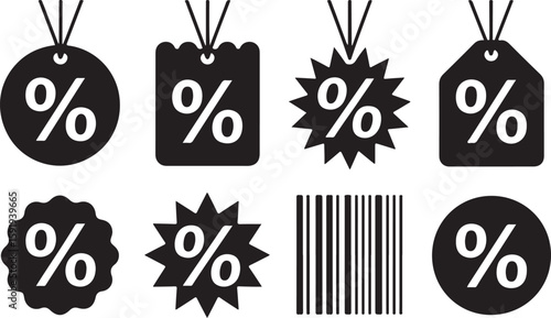 Discount and Sale Tags – Percentage, Barcode, and Price Cut Icons in Black and White