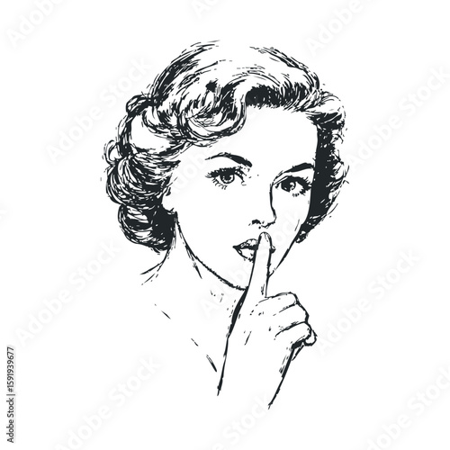 Vintage woman with finger on lips communicating silence concept
