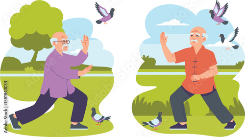 Two Elderly Men Practicing Tai Chi with Pigeons in Park Illustration