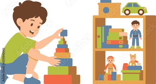 Boy Playing with Stacking Blocks and Toy Shelf with Car and Figurines