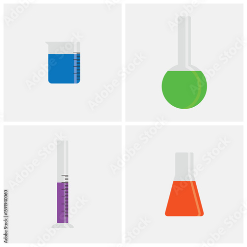 Colorful Laboratory Glassware Icon Set – Beaker, Flask, Cylinder, and Chemistry Equipment Vector Illustration